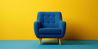 Blue armchair on a yellow background. Minimalism. Place for text. Generative AI photo