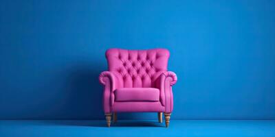 Pink armchair on a blue background. Minimalism. Place for text. Generative AI photo