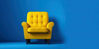 Yellow armchair on a blue background. Minimalism. Place for text. Generative AI photo