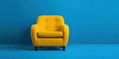 Yellow armchair on a blue background. Minimalism. Place for text. Generative AI photo