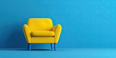 Yellow armchair on a blue background. Minimalism. Place for text. Generative AI photo