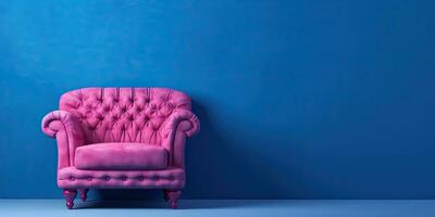 Pink armchair on a blue background. Minimalism. Place for text. Generative AI photo