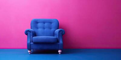 Blue armchair on a pink background. Minimalism. Place for text. Generative AI photo