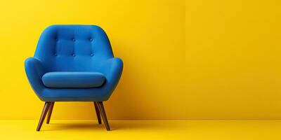 Blue armchair on a yellow background. Minimalism. Place for text. Generative AI photo