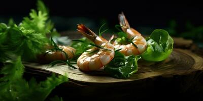 Grilled shrimp in a restaurant dish close-up. Sea delicacies. Generative AI photo