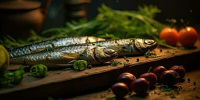 Fried fish in a restaurant close-up of a dish. Generative AI photo