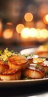 Gourmet sea scallops in a restaurant close-up. Seafood. Generative AI photo