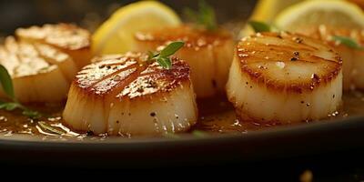 Gourmet sea scallops in a restaurant close-up. Seafood. Generative AI photo