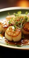 Gourmet sea scallops in a restaurant close-up. Seafood. Generative AI photo