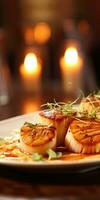 Gourmet sea scallops in a restaurant close-up. Seafood. Generative AI photo