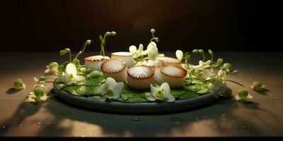 Gourmet sea scallops in a restaurant close-up. Seafood. Generative AI photo
