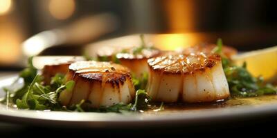 Gourmet sea scallops in a restaurant close-up. Seafood. Generative AI photo