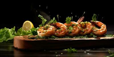 Grilled shrimp in a restaurant dish close-up. Sea delicacies. Generative AI photo