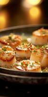 Gourmet sea scallops in a restaurant close-up. Seafood. Generative AI photo