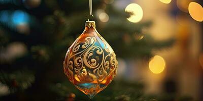 Gorgeous Christmas decorations on the Christmas tree. Christmas theme. Generative AI photo