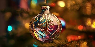 Gorgeous Christmas decorations on the Christmas tree. Christmas theme. Generative AI photo