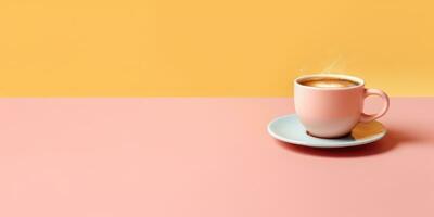 Illustration Cup of fragrant cappuccino on the table close-up. Pastel background. Generative AI photo