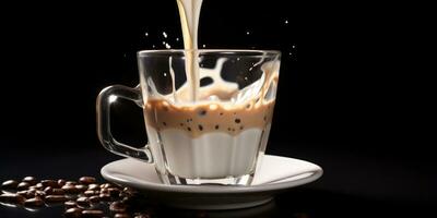 Cup of coffee with milk on the table close-up. Splashes of coffee and milk. Generative AI photo