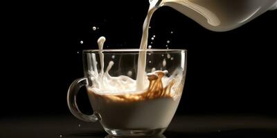 Cup of coffee with milk on the table close-up. Splashes of coffee and milk. Generative AI photo