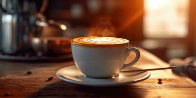 A cup of fragrant cappuccino on the table close-up. Generative AI photo