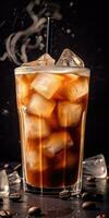 cold coffee with syrup in a glass with ice on a dark background. Generative AI photo