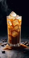 cold coffee with syrup in a glass with ice on a dark background. Generative AI photo