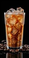 cold coffee in a glass with ice on a dark background. Generative AI photo