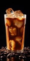 cold coffee in a glass with ice on a dark background. Generative AI photo