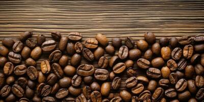 Coffee beans on the table close-up. Coffee on a wooden table. Generative AI photo