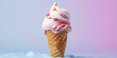 Delicious, appetizing ice cream in a cone, close-up. Generative AI photo