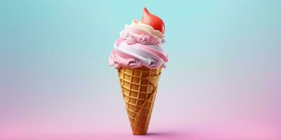 Delicious, appetizing ice cream in a cone, close-up. Generative AI photo