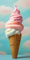 Delicious, appetizing ice cream in a cone, close-up. Generative AI photo