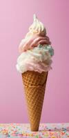 Delicious, appetizing ice cream in a cone, close-up. Generative AI photo