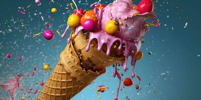 Delicious, appetizing ice cream in a cone, close-up. Generative AI photo