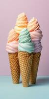 Delicious, appetizing ice cream in a cone, close-up. Generative AI photo