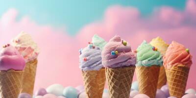 Delicious, appetizing ice cream in a cone, close-up. Generative AI photo