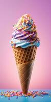 Delicious, appetizing ice cream in a cone, close-up. Generative AI photo