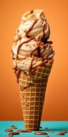 Delicious, appetizing ice cream in a cone, close-up. Generative AI photo