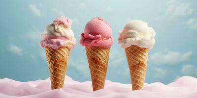 Delicious, appetizing ice cream in a cone, close-up. Generative AI photo