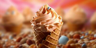 Delicious, appetizing ice cream in a cone, close-up. Generative AI photo