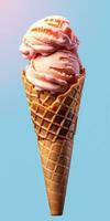 Delicious, appetizing ice cream in a cone, close-up. Generative AI photo