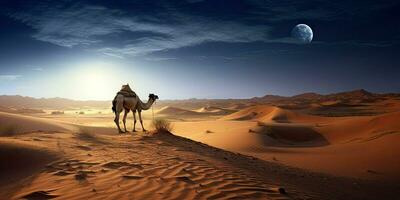 The theme of Eid-al-Adha, the Feast of Sacrifice. Place for text. Camel in the desert. Generative AI photo