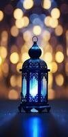 The theme of Eid-al-Adha, the Feast of Sacrifice. Image of an Arabic lantern. Place for text. Generative AI photo