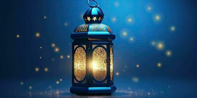 The theme of Eid-al-Adha, the Feast of Sacrifice. Image of an Arabic lantern. Place for text. Generative AI photo