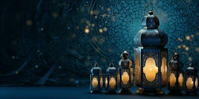 The theme of Eid-al-Adha, the Feast of Sacrifice. Image of an Arabic lantern. Place for text. Generative AI photo