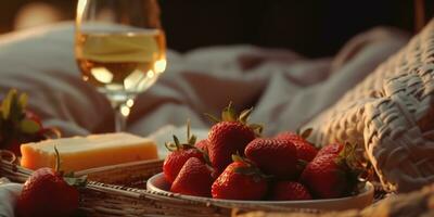 Romantic photo of a picnic, champagne in glasses, strawberries and cheese. Generative AI