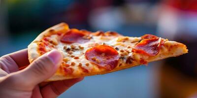 a piece of pizza close-up in the hand on the background of the city. Generative AI photo