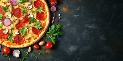 Tasty Italian pizza close-up. View from above. Place for text. Generative AI photo