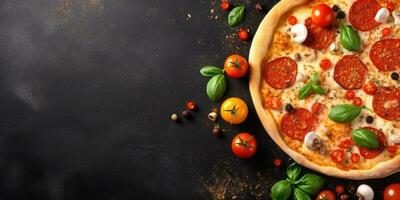 sabroso italiano Pizza de cerca. ver desde arriba. sitio para texto. generativo ai foto