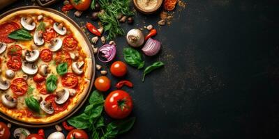 Tasty Italian pizza close-up. View from above. Place for text. Generative AI photo